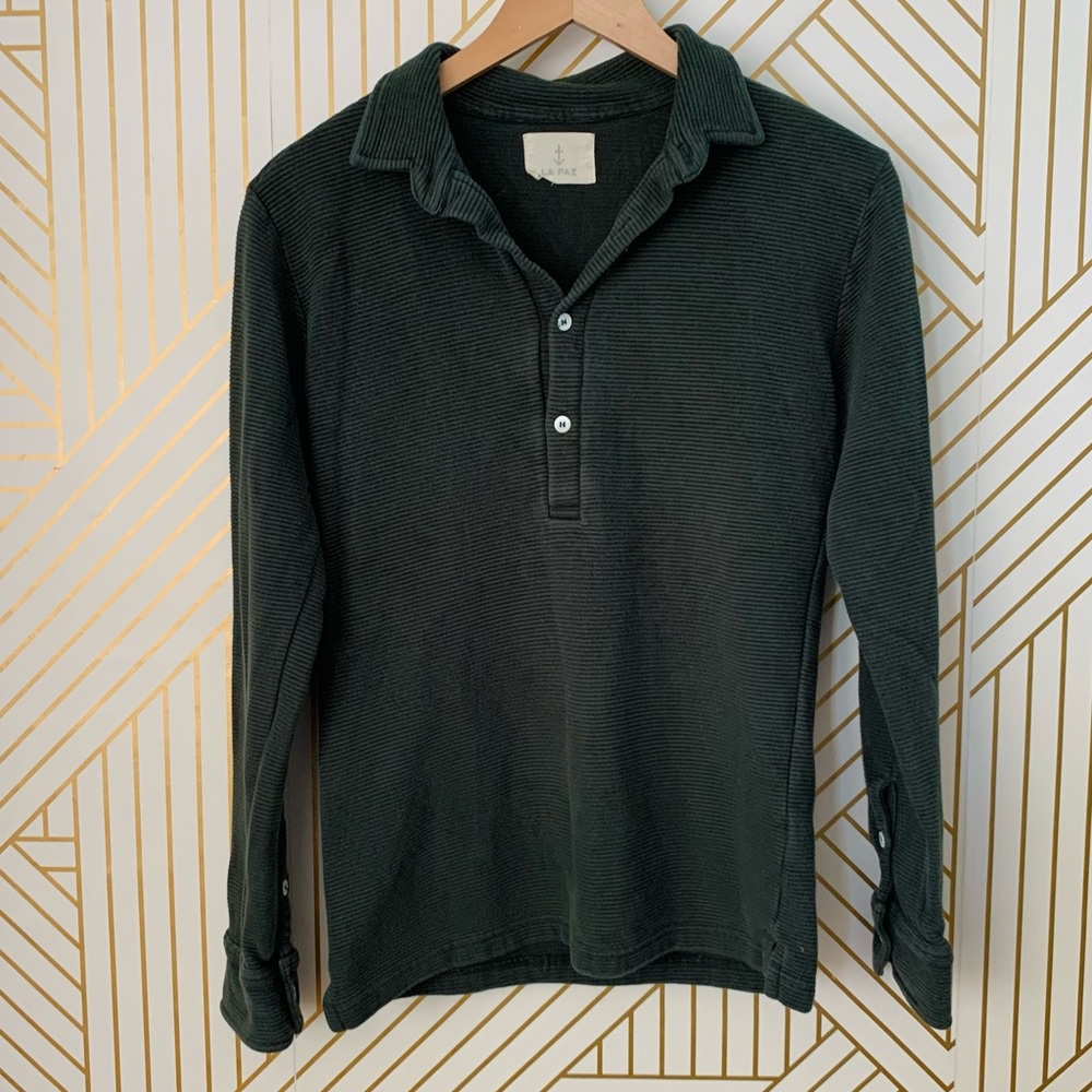 LA PAZ 100% cotton Polo ribbed Quarter button up  collared nautical green M
